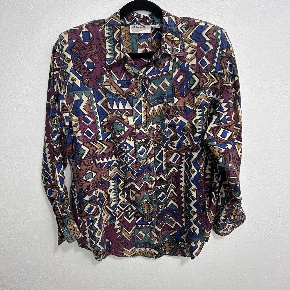 VTG 80s 90s 100% Silk Colorful Aztec Geometric  Shirt Blouse Button Up  Unique S